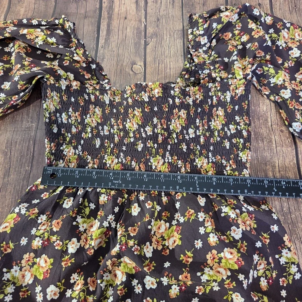 Listicle Dress Women L Brown Long Sleeve Open Tie Back Smock Bodice Cottagecore - Picture 3 of 11